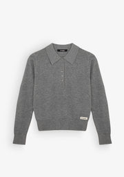 Grey Melange Fine Knit Polo Sweater