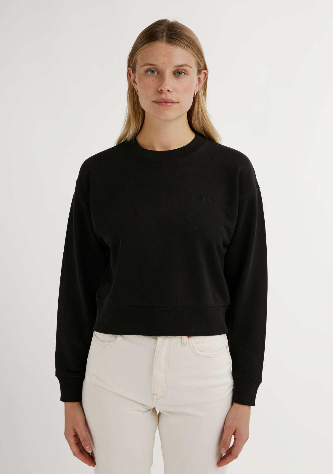 Embroidery Logo Cropped Crew Neck Sweatshirt / Black